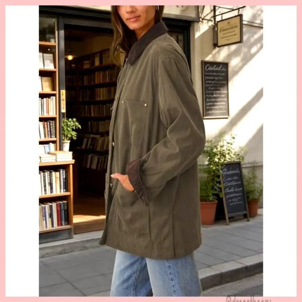 Oversized Cotton Barn Jacket with Corduroy Collar, Utility Pockets, Vintage - Picture 2 of 7